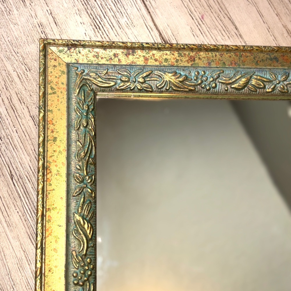 Vtg Ornate Square Wall Mirror Gold Verdigris Floral Scrollwork Frame 9.5in - Picture 5 of 16